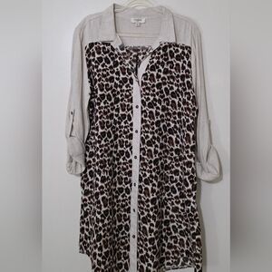 Linen Animal Print Tunic Pockets Button Up Flowy Casual Work Leopard Vacation